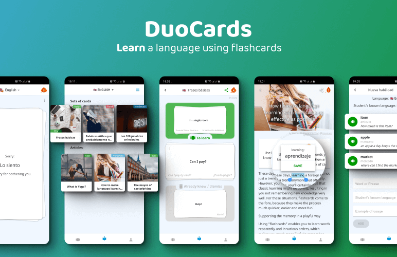 DuoCards is an app that helps learners build their vocabulary and language skills through personalized flashcards
